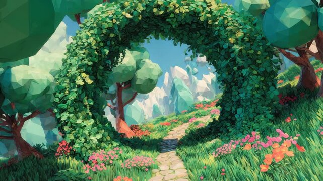 Scenic Green Archway on Blooming Meadow with Mountains beyond in Low Poly Style Digital Art