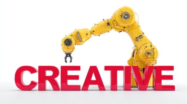 A yellow robotic arm interacts with bold red letters spelling Creative on a white background,