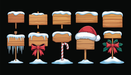 Winter Wooden Sign Board Vector Illustration Showing Christmas Cartoon Vintage Banner, Plywood Road Panel, North Pole Pointer, Snowdrift, and Icicle Decorations for Holiday Design