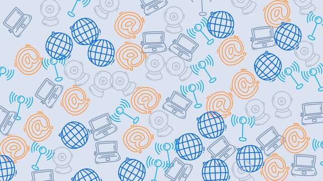 Animated network symbol pattern with globes and laptops. Ideal for technology, communication, global connectivity, and futuristic design concepts.