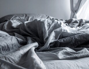 Close-up of unmade bed with rumpled sheets, soft gray tones