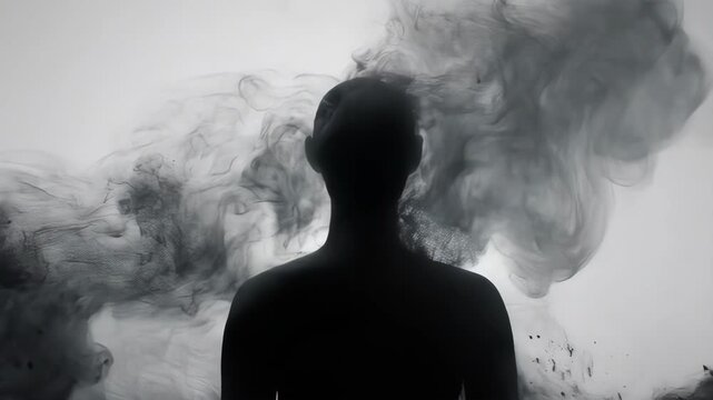 Silhouette of a person surrounded by swirling dark smoke on a white backdrop