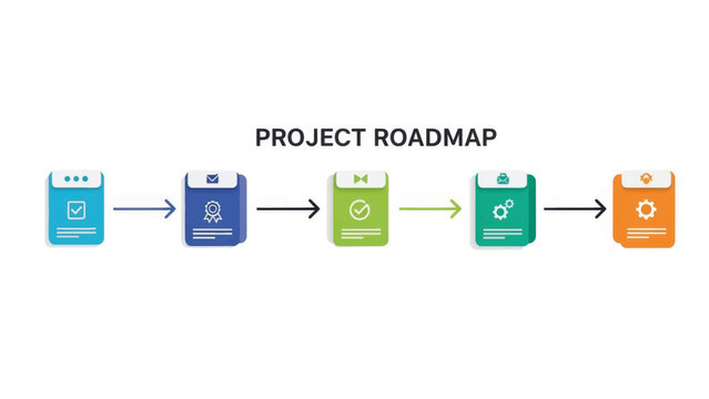 Project roadmap infographic with five steps. Minimalist flat design vector illustration. Business strategy and development timeline concept