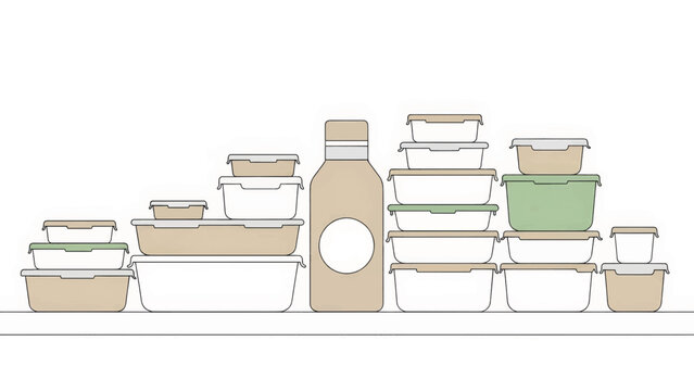 Reusable food containers and bottle for meal prep. Kitchen storage and organization concept. Minimalist flat line art vector illustration