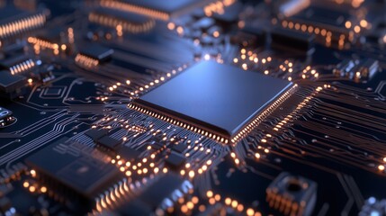 Close-up view of a microchip surface featuring intricate metallic circuits and connections illuminated by soft blue and orange lights in a high-tech environment