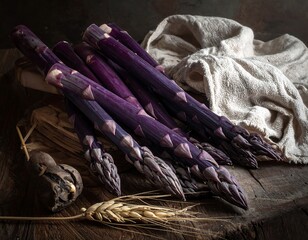 Close-up of vibrant purple asparagus stalks on wooden surface
