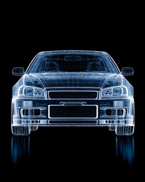Front View of Transparent Blue Car with Detailed Wireframe on Black Background Showing Intricate Design and Futuristic Aesthetic with Dark Reflection