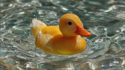 A bright yellow rubber duck floating in the clear water