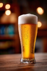 Close-Up Shot of Foamy Beer in a Glass Against a Warm Background of Lights