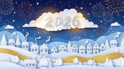 Stunning paper-cut 2026 New Year celebration over a charming, snowy village landscape with vibrant fireworks