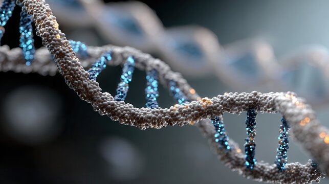 Illuminated chain with soft blue light showcasing details of molecular structure in a dark ethereal environment