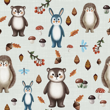 Cute forest animals and elements, Autumn season seamless pattern for children, a bear, a rabbit, a hedgehog i in the woods, fall pattern, cute woodland background