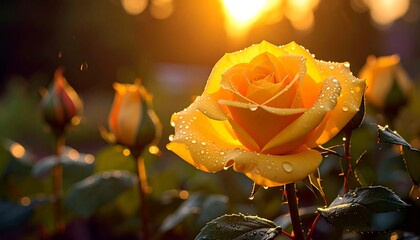 Close-up of yellow rose with water droplets, basking in golden sunlight