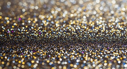 Sparkling glitter background with gold and silver bokeh lights creating a festive and luxurious texture perfect for holiday designs and celebratory themes