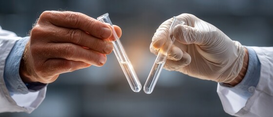 Scientists studying chemical reactions in test tubes with bright illumination in a modern laboratory setting