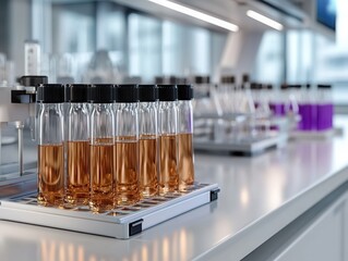 Test tubes containing liquid samples on a laboratory countertop with modern equipment in a bright and organized workspace