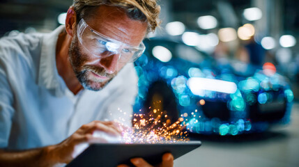 An engineer uses a digital tablet emitting holographic sparks to develop advanced car technology