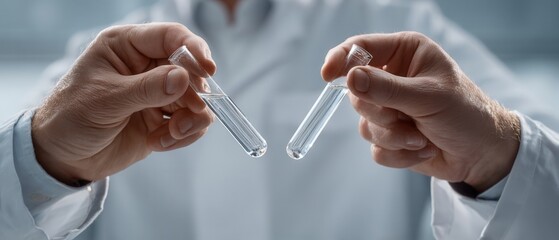 Scientists carefully examining test tubes filled with liquid in a well-lit laboratory setting during a research session