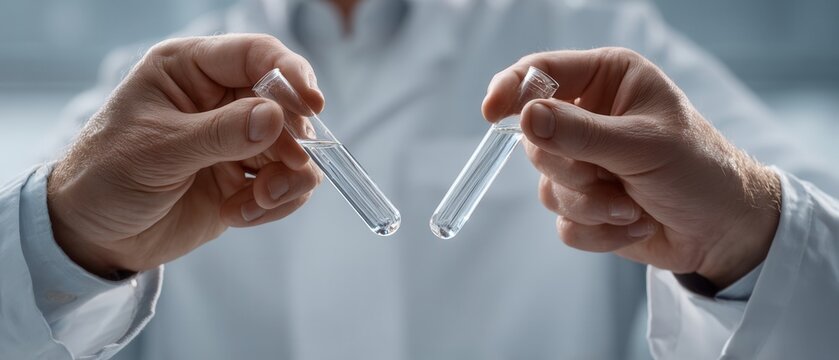 Scientists carefully examining test tubes filled with liquid in a well-lit laboratory setting during a research session