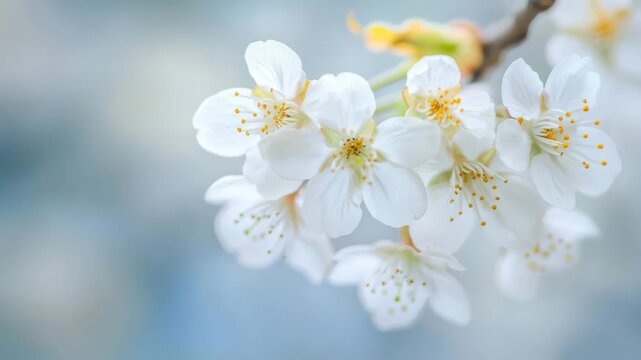 Close up of delicate white cherry blossoms with yellow stamen against a soft, blurred blue background in springtime 4k video