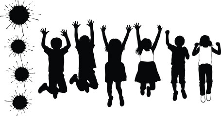 Jumping children silhouettes with playful poses, joyful kids illustration, energetic youth activity artwork, fun childhood movement design with paint splatter accents