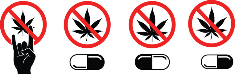 Drug prohibition icons illustration, no cannabis signs with capsules, anti-substance symbols artwork, warning graphic elements for safety, prevention awareness themes