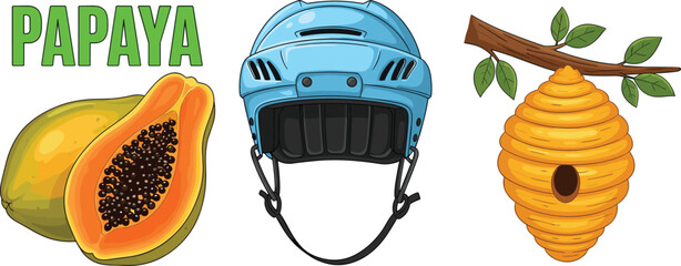 Papaya fruit illustration, blue sports helmet artwork, hanging beehive on branch design, mixed themed graphic collection for food, safety, nature concepts