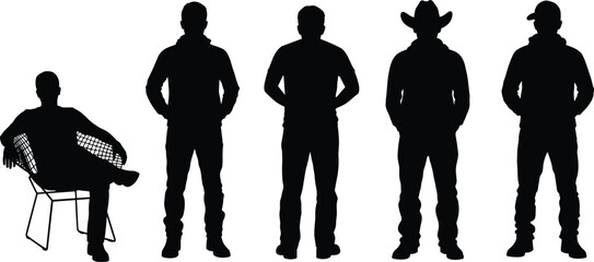 Male silhouette set featuring seated man, standing figures, cowboy hat character and casual hoodie poses, diverse masculine outline illustration collection