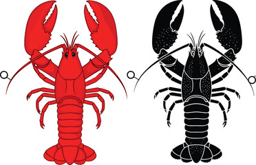 Red and black lobster illustration, detailed crustacean artwork, seafood animal drawing, marine creature design, symmetrical lobster graphic for culinary and ocean themes
