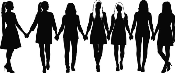 Silhouette women holding hands, unity and friendship illustration, female group standing together, supportive community artwork symbolizing solidarity and togetherness themes
