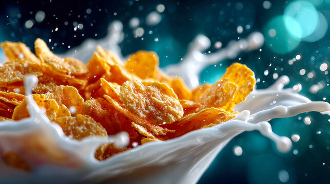 Crispy golden cornflakes splashing dramatically in fresh milk with dynamic motion and bright lighting