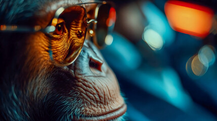 Close-up of a stylish monkey wearing reflective sunglasses, creating a humorous business-themed portrait