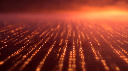 Abstract glowing binary code streams receding into a dramatic crimson sunset horizon