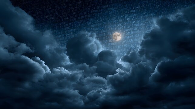 A full moon hangs in a dramatic stormy night sky partially obscured by dark clouds and overlaid with a glowing binary code grid evoking a futuristic - Powered by Adobe