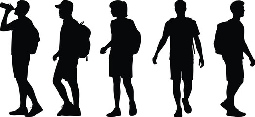 Silhouettes of diverse young male students and travelers walking, hiking, and drinking water, capturing themes of outdoor leisure, campus life, adventure, and health © Arman World