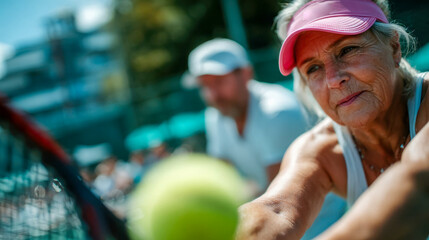 Focused senior woman playing tennis, reaching forward for the ball with determination during an outdoor match
