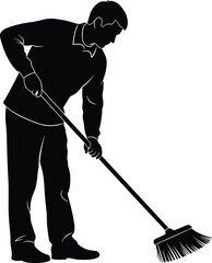 Single Silhouette of Man Sweeping Floor with a Broom Illustrating Concepts of Cleaning Service, Sanitation, Chores, and Domestic Maintenance Work
