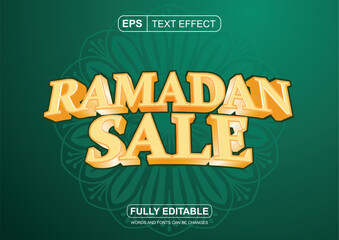 Obraz premium Ramadan Sale Editable Font. Gold font with green background. Graphic title theme for Ramadan sale promotions.