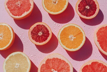 Colorful Citrus Fruit Halves on Wet Pink Tile Background