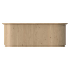 Modern wooden reception desk with a curved design and natural wood grain