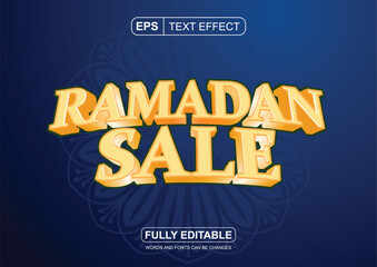 Obraz premium Ramadan Sale Editable Font. Gold font with blue background. Graphic title theme for Ramadan sale promotions.