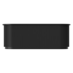 Modern black reception desk with vertical ribbed paneling and minimalist design