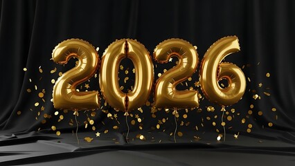 Celebrate the arrival of 2026 with stunning gold foil balloons and luxurious falling confetti against a rich black backdrop