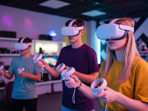 Three young adult friends wearing virtual reality headset and holding controller while playing immersive game in dimly lit arcade - Powered by Adobe