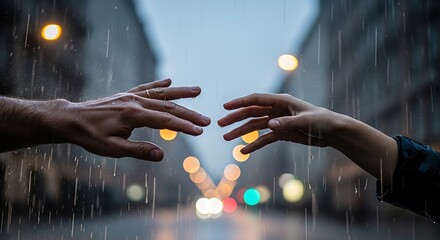 Reaching Out in the Rain Hands Connecting with City Street Background, and Emotion  Love.