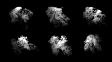 White smoke or mist cloud isolated on black background, realistic fog texture effect for photo editing, design overlay, or Halloween theme. Ideal for vapor, steam, or ghostly atmosphere visuals.