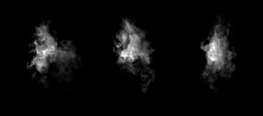 White smoke isolated on black background, abstract vapor cloud texture for design, fog or steam effect for overlay, cinematic atmosphere, realistic mist motion in dark space.