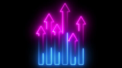 Glowing neon pink and blue color direction up arrows icon animation road signal sign help information upward arrows traffic sign roadside sign symbol on black background 