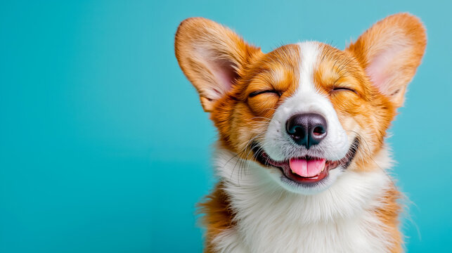 A happy corgi with its eyes closed and tongue out