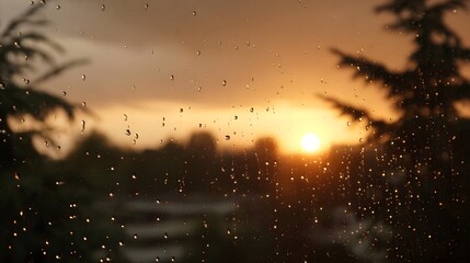 Golden sunset illuminates the sky seen through a window covered in raindrops creating a moody and reflective atmosphere